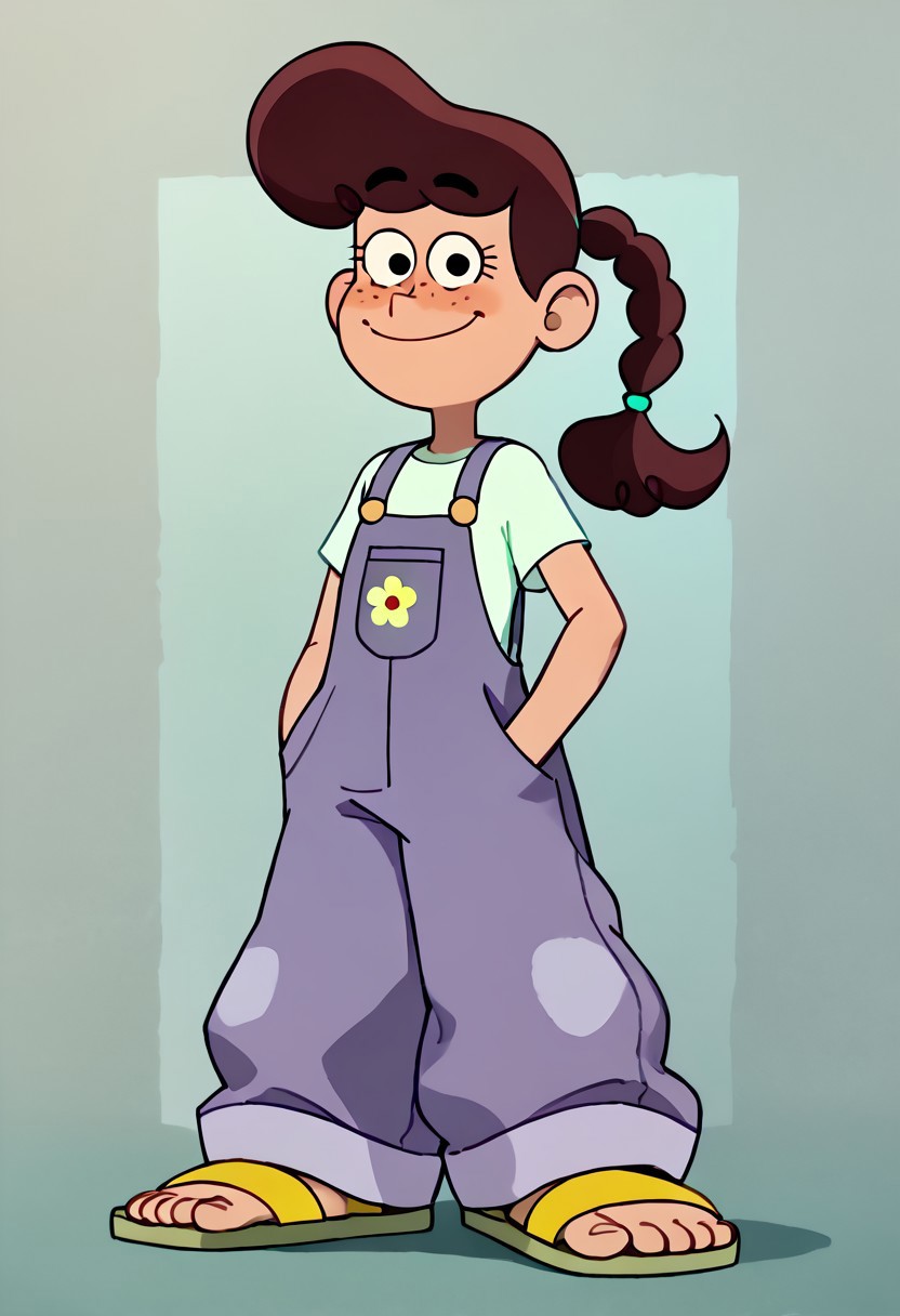 score_9, score_8_up, score_7_up BREAK NelliePrms, 1girl, reddish-brown hair,  light brown skin, freckles, black eyes, ponytail, emerald ball scrunchie, shortsleeved light green shirt, purple overalls, front pocket with yellow flower-patch, yellow green sandals, full body, smiling at viewer,