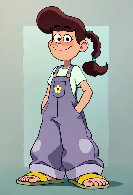 score_9, score_8_up, score_7_up BREAK NelliePrms, 1girl, reddish-brown hair, light brown skin, freckles, black eyes, ponytail, emerald ball scrunchie, shortsleeved light green shirt, purple overalls, front pocket with yellow flower-patch, yellow green sandals, full body, smiling at viewer,