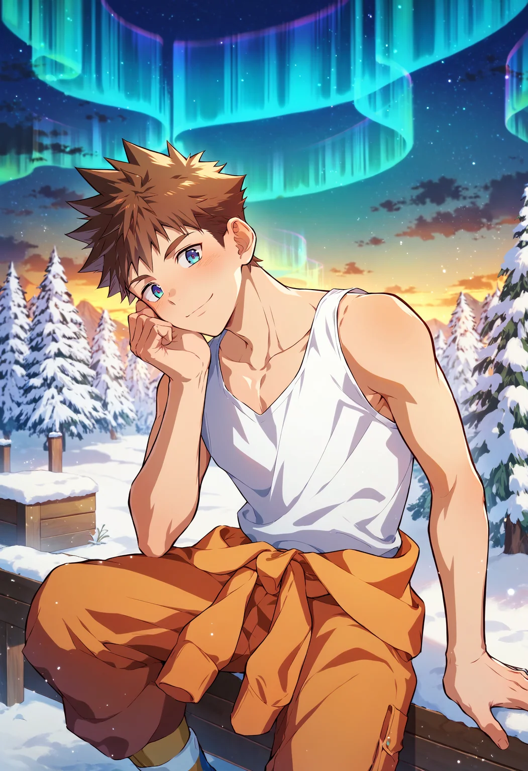 score_9, score_8_up, score_7_up, source anime, yaoi, gay, nsfw, year 2023, 1boy, male focus, solo, <lora:Sora:0.9> sora, brown hair, spiked hair, white tank top, clothes round waist, orange jumpsuit, north pole, winter, aurora borealis, looking at viewer, gentle smile, <lora:AHR_Studio:0.8> AHR style, <lora:xl_more_art-full_v1:0.5>, <lora:add-detail-xl:1>, best quality, amazing quality, best aesthetic, absurdres