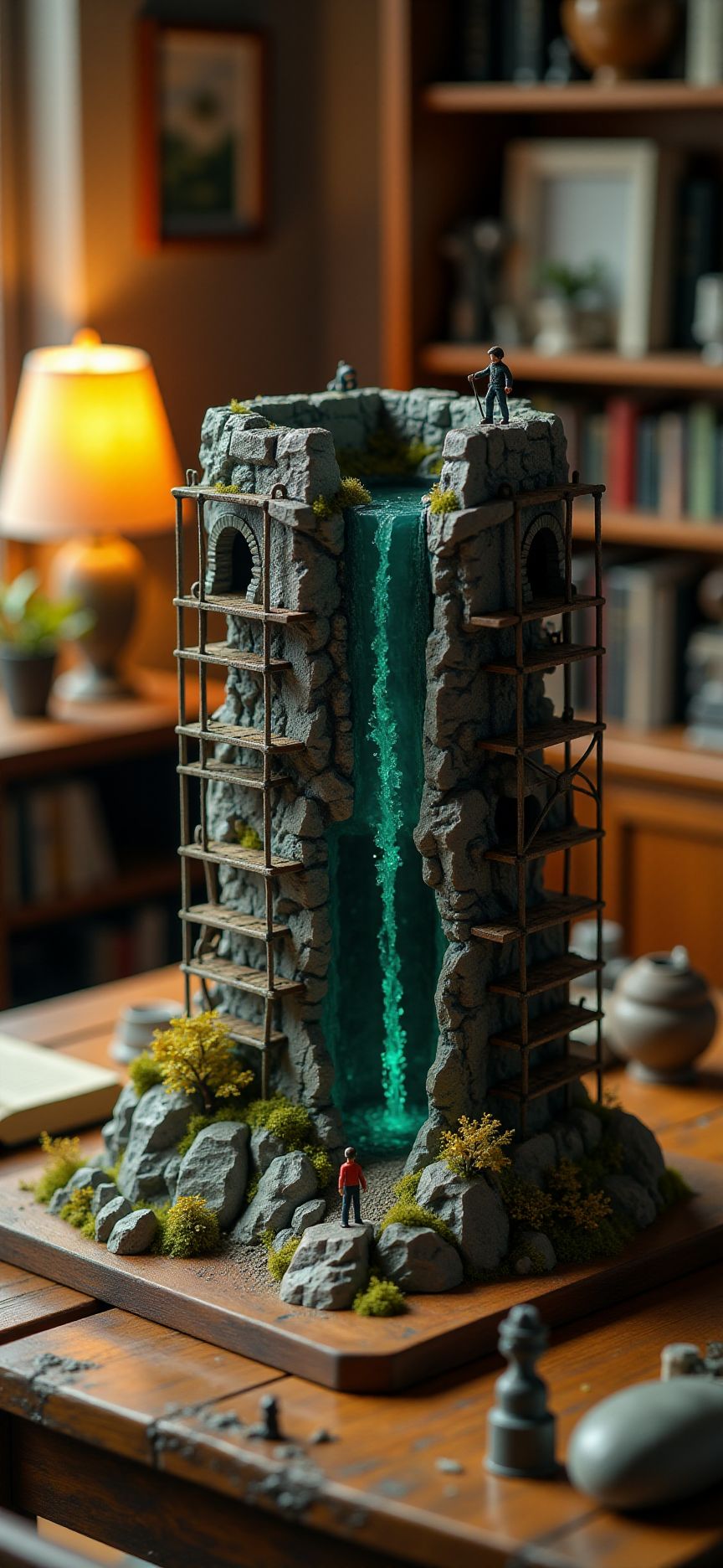 (indoors,indoor,isometric view,side view,tilt-shift lens:2), (fna_style,miniature,miniature,diorama,miniature,diorama,PVC,plastic:2),sunset,autumn giant ( multi stories of gem mine shaft  with iron scaffolding cubic vertical:2.5)  is located center, people are climbing with ropes, (in wooden square plate:3) (on table at study:3) <lora:Fantasy_Novel_Art_Style:1> <lora:Rostpunk:0.3>