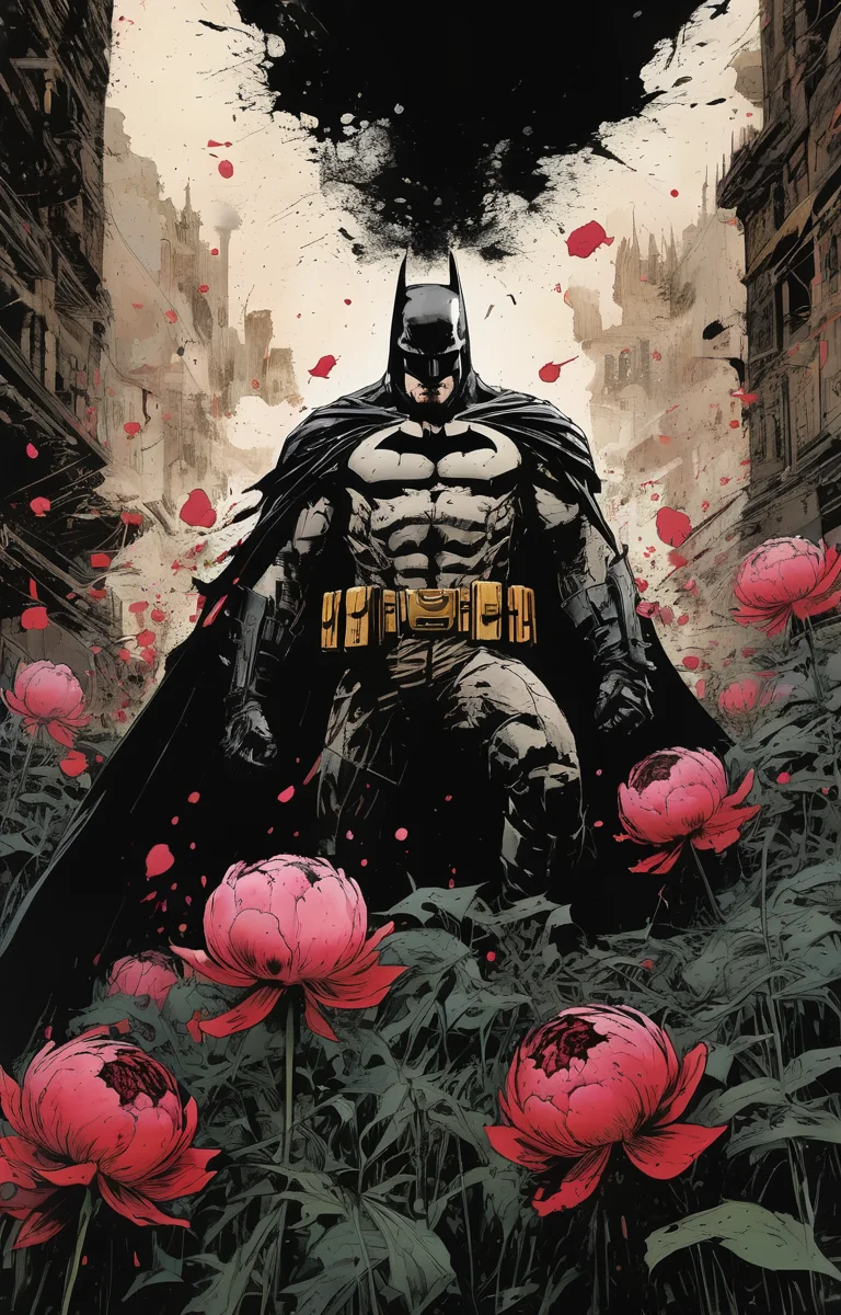 masterpiece,best quality,<lora:tbh236-sdxl:0.8>,illustration,style of Frank Miller,batman decaying peonies