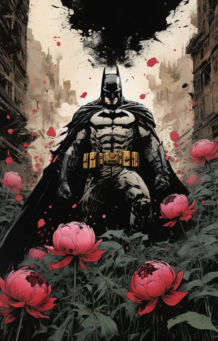 masterpiece,best quality,<lora:tbh236-sdxl:0.8>,illustration,style of Frank Miller,batman decaying peonies
