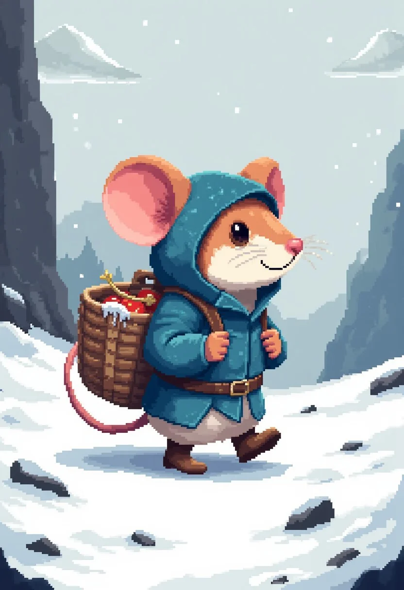 pixel-art 
Amidst a wintry realm blanketed in pristine white, a tiny champion trudges onward, undaunted by the challenges posed by the unforgiving climate. Clad in a well-worn cloak of faded blue wool, its edges frayed from countless encounters with thorns and briars, the valiant rodent ventures forth with a singular purpose animating its every step.
Large, rounded ears, flushed a fetching shade of bubble-gum pink, peek out from beneath the folds of the hood, twitching constantly to detect the slightest sound carried on the frigid breeze. Fur as soft and white as freshly fallen snow provides insulation against the biting cold, while a pair of sturdy leather boots ensure surefooted progress over treacherous terrain.
Perched precariously atop the mouse's broad back is a capacious wicker basket, crafted from supple reeds gathered from streams far below. Though coated in a thin veneer of crystallized moisture, the contents remain safely cocooned within, awaiting delivery to whatever destination awaits beyond the horizon.
Snowflakes drift gently from a slate-gray sky, settling silently upon the upturned nose and whiskers of the tireless explorer.
... 
blocky, pixel art style, 8-bit graphics, blocky, pixelated, vibrant colors, recognizable characters and objects, game assets, pixel-art, 
aidmaMJ6.1, pixel art