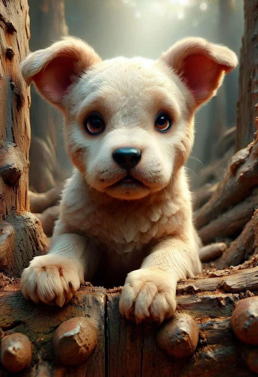 a hole in a wooden fence reveals the face of a surprised puppy, digital painting, dramatic lighting, cinematic frame, ultra-realism