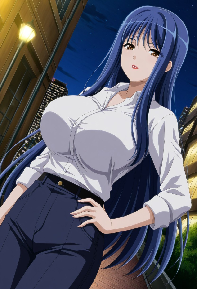 general,highres, ultra-detailed,very aesthetic,best quality ,best hands,best eyes,easynegative,
dynamic anglre, dutch angle, anime cloring,anime screencap,
1girl solo,looking at viewer,city,outdoors,hand on hip,night,
Ringo Hanamaru,blue hair,long hair,huge breasts,brown eyes,lipstick,bare shouders shirt,pants,