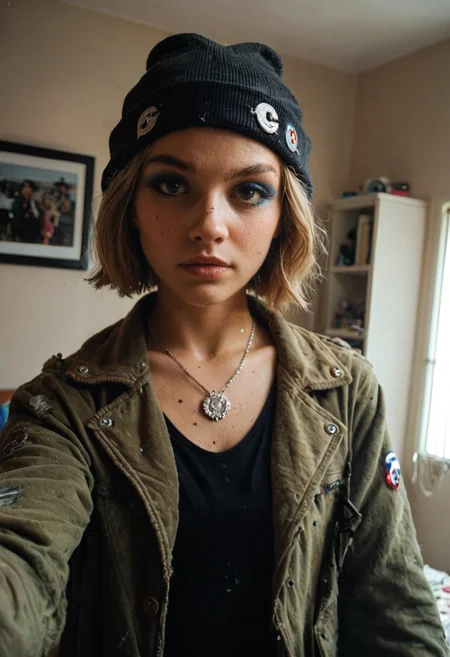 score_9, score_8_up, score_7_up, woman, rare angle selfie, messy bedroom, clutter, makeup, short hair, beanie, wearing jacket, necklace, photo damage, grainy, amateur, flash, lowres, webcam photo, 2000s nostalgia, highly detailed, high contrast, film grain, <lora:zy_AmateurStyle_v2:0.6>