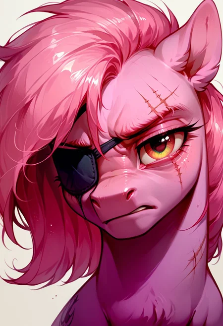 score_9, score_8_up, score_7_up, source_pony, solo, pony, looking at the viewer, close up, (feral pony:1.5), scar over one eye, pink skin, tired, annoyed, eye patch, simple background, (detailed image, high resolution, 5k resolution:1.0), (horror art style:1.1)