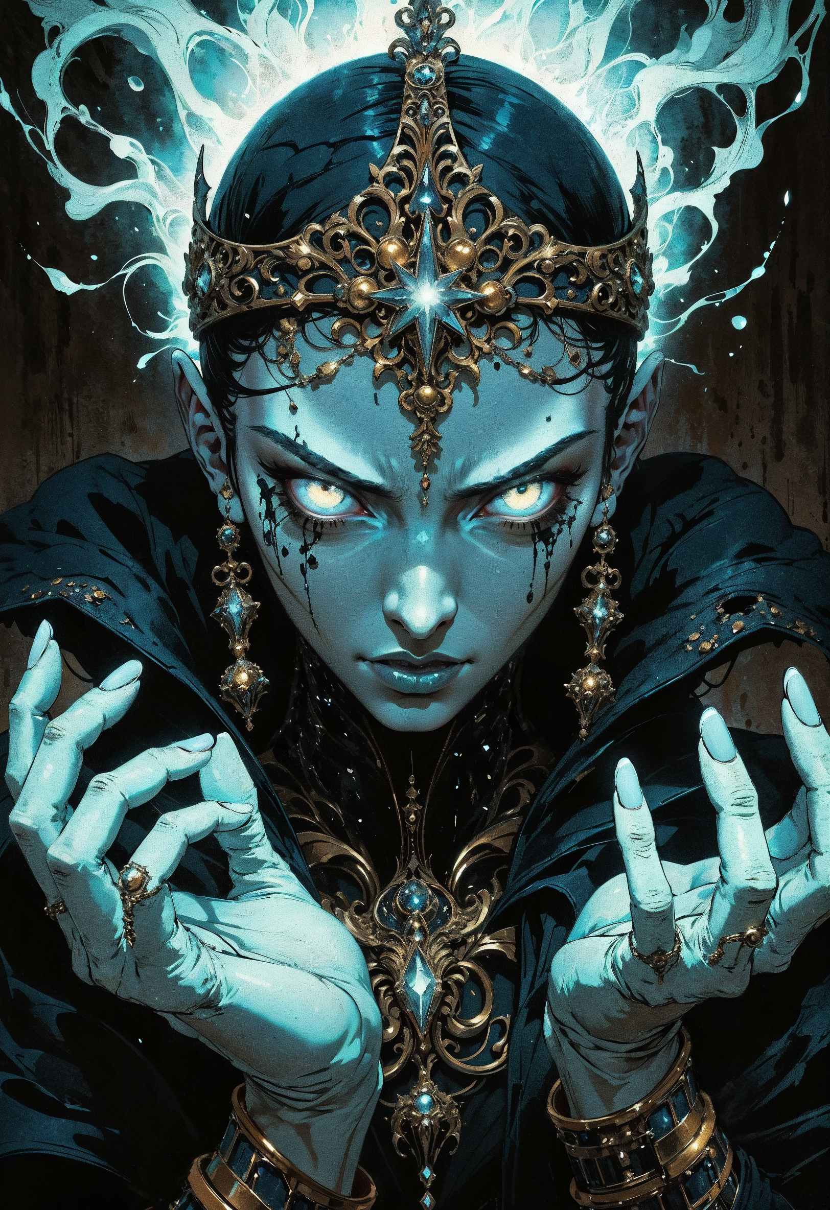 (in Krenz Cushart style:1.2), high-quality, masterpiece, A phantom queen, her cold regal expression captured in a tight shot, eyes glowing with ghostly authority, Her cracked crown floats slightly above her translucent head and wisps of smoke curl around her features, The camera frames her face as she raises her hand summoning a wave of spectral energy in the background barely visible as a faint glow, The scene radiates eerie power, high contrast, sharp lighting on her face, close-up, ghostly energy, (elaborate fine details:1.1), (elaborately detailed attire with extraordinary elements:1.1), (hyperdetailed:1.1), (intricate details:1.0), (Refined details:1.1), (best quality:1.1), (high resolution:1.2)