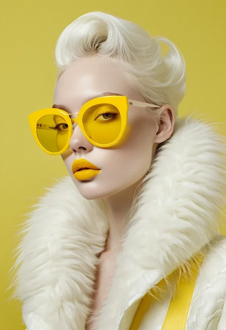 A fashionable portrait captures a model with a striking aesthetic. Featuring pale skin, she dons vivid yellow lipstick and large white sunglasses with yellow lenses, accentuating her sculpted eyebrows. A fluffy, white fur collar or garment adds to her bold appearance.
The background is a vibrant yellow, and the overall composition exudes modern, chic vibes. The use of sharp contrasts and minimal color contributes to a compelling visual statement, making it a striking image.