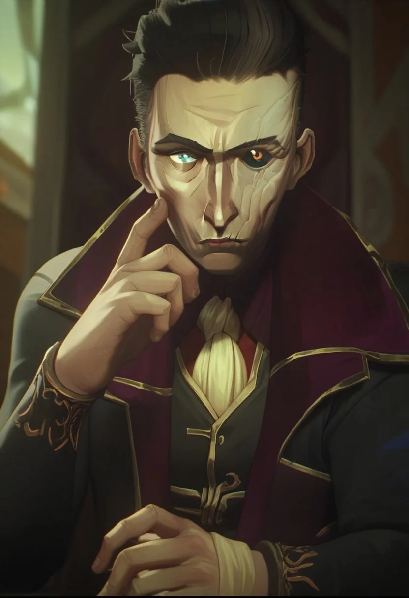 score_9, score_8_up, score_7_up, score_6_up,
s1lc0 , Silcochembarons, Silco /(league of legends arcane/), solo, looking at viewer, short hair, bangs, blue eyes, shirt, black hair, long sleeves, 1boy, sitting, closed mouth, jacket, yellow eyes, upper body, male focus, hand up, blurry, black jacket, ascot, heterochromia, colored sclera, scar across eye, black sclera ,/(league of legends arcane/),