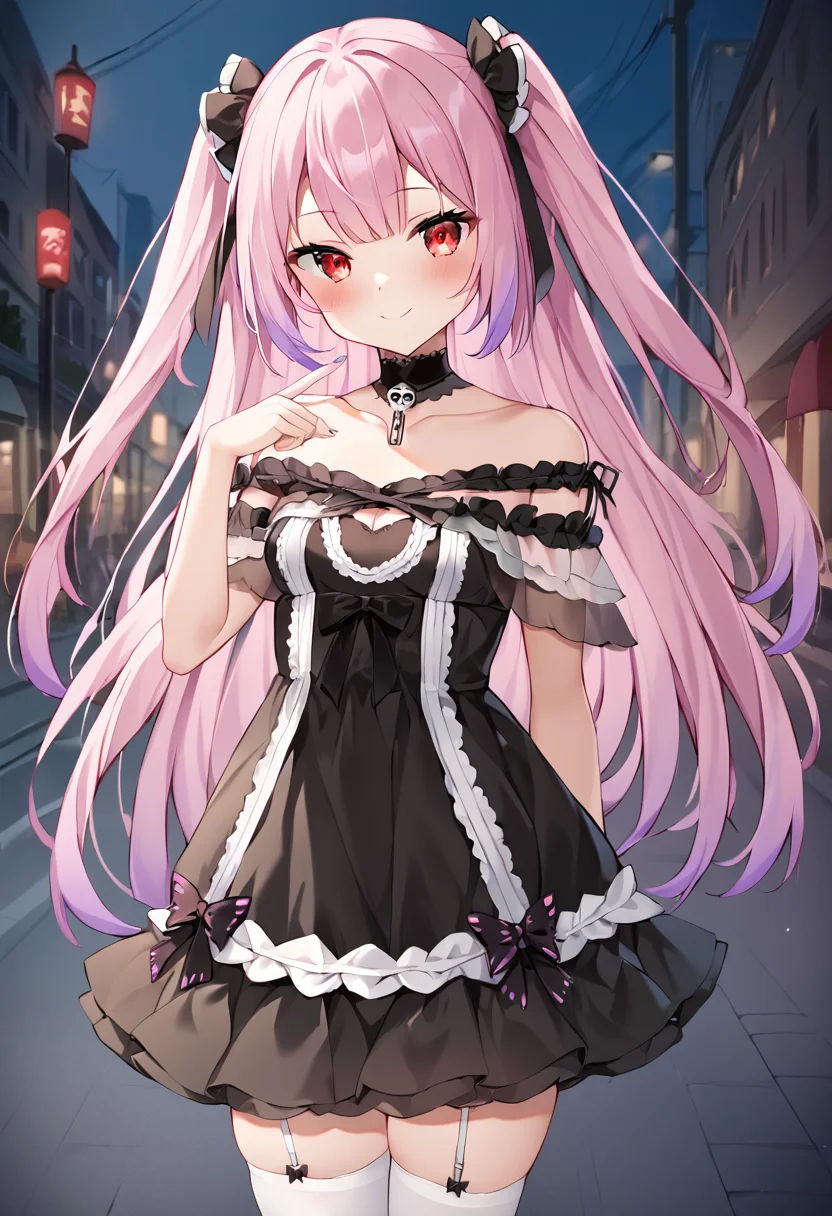 uruha_rushia, rushia_pink, pink hair, long hair, two side up, red eyes, black dress, frilled dress, small breasts, petite, virtual youtuber,thighhighs, dress, white thighhighs, garter straps, frills, black choker BREAK outdoors,city street, night BREAK sexy pose, looking at viewer, sexy face, sexy smile, cowboy shot, dynamic pose, BREAK score_9, score_8_up, score_7_up, source_anime ,zPDXL, perfect hand,<lora:Uruha_Rushia:0.8>