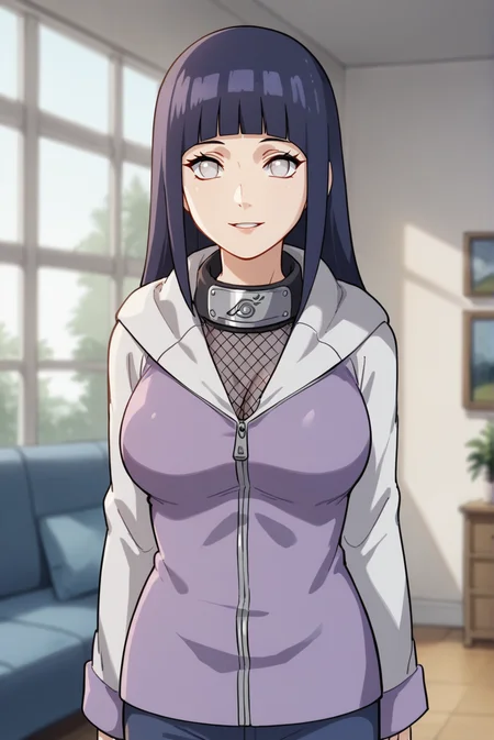 score_9, score_8_up, score_7_up, score_6_up, score_5_up, score_4_up, BREAK source_anime, 1girl, solo,
<lora:HinataShippudenXL-v1-07:0.7>, ChopioHinataBoruto, purple hair, shiny hair, blunt bangs, sidelocks, no pupils, white eyes, looking at viewer,
large breasts,
long hair, straight hair,
outfit_1, multicolored jacket, zipper, hooded jacket, hood down, forehead protector, fishnet top, long sleeves, sleeves past wrists, blue pants, bandages,
living room, standing, smile, parted lips, arms at sides,