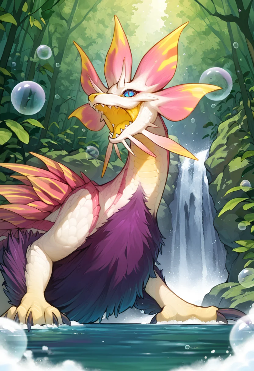 <lora:MH_Mizutsune_a1_7_NoobXL-eps:1>,<lora:EatSleep1111StyleSDXL11:0.7>,<lora:merrytailSDXLstyle:0.3>,eatsleep1111,merrytail,masterpiece,best quality,amazing quality,high quality,very aesthetic,absurdres,newest,shaded,digital media \(artwork\),depth of field,mhmitsu,solo,feral,detailed background,forest,blue eyes,red pupils,slit pupils,dynamic pose,yellow nose,waterfall,partially submerged,bubbles,claws,open smile,soap,low-angle view,half-length portrait,yellow mouth,