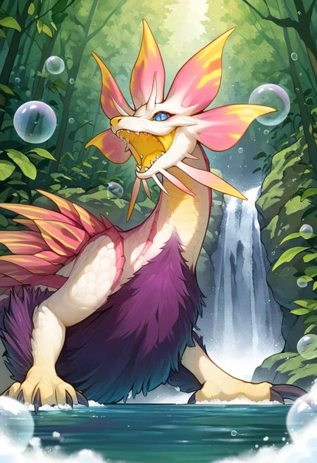 <lora:MH_Mizutsune_a1_7_NoobXL-eps:1>,<lora:EatSleep1111StyleSDXL11:0.7>,<lora:merrytailSDXLstyle:0.3>,eatsleep1111,merrytail,masterpiece,best quality,amazing quality,high quality,very aesthetic,absurdres,newest,shaded,digital media \(artwork\),depth of field,mhmitsu,solo,feral,detailed background,forest,blue eyes,red pupils,slit pupils,dynamic pose,yellow nose,waterfall,partially submerged,bubbles,claws,open smile,soap,low-angle view,half-length portrait,yellow mouth,