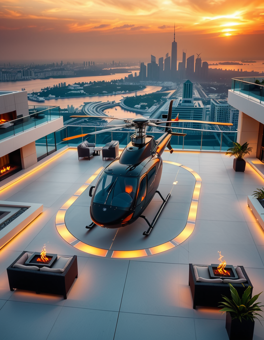 A high-resolution photo of a luxurious rooftop of a five-star hotel at sunset, featuring a sleek helipad with a high-end, matte-black private helicopter elegantly parked. The rooftop is designed with ultra-modern architecture, featuring a spacious terrace with infinity-edge glass railings, ambient lighting, and a panoramic city skyline in the background. The surface of the helipad is clean, polished concrete with clear illuminated markings. Surrounding the helipad, there are lounge areas with modern outdoor furniture, minimalist fire pits, and decorative planters with tropical greenery. The lighting is warm and golden, casting soft shadows and highlighting the contours of the helicopter and the textures of the rooftop. The sky is dramatic, painted with hues of orange, pink, and violet, creating a cinematic atmosphere of luxury and exclusivity. The overall mood is elite, calm, and aspirational, showcasing the ultimate in urban luxury lifestyle.
<lora:SDXLFaeTastic2400:0.4> <lora:extremely_detailed:0.4> extremely detailed, <lora:helipad_r00ft0p:1>,helipad r00ft0p, Masterpiece,best quality,hi res,8k,hi res,8k,award winning,(sharp focus, intricate, highly detailed),