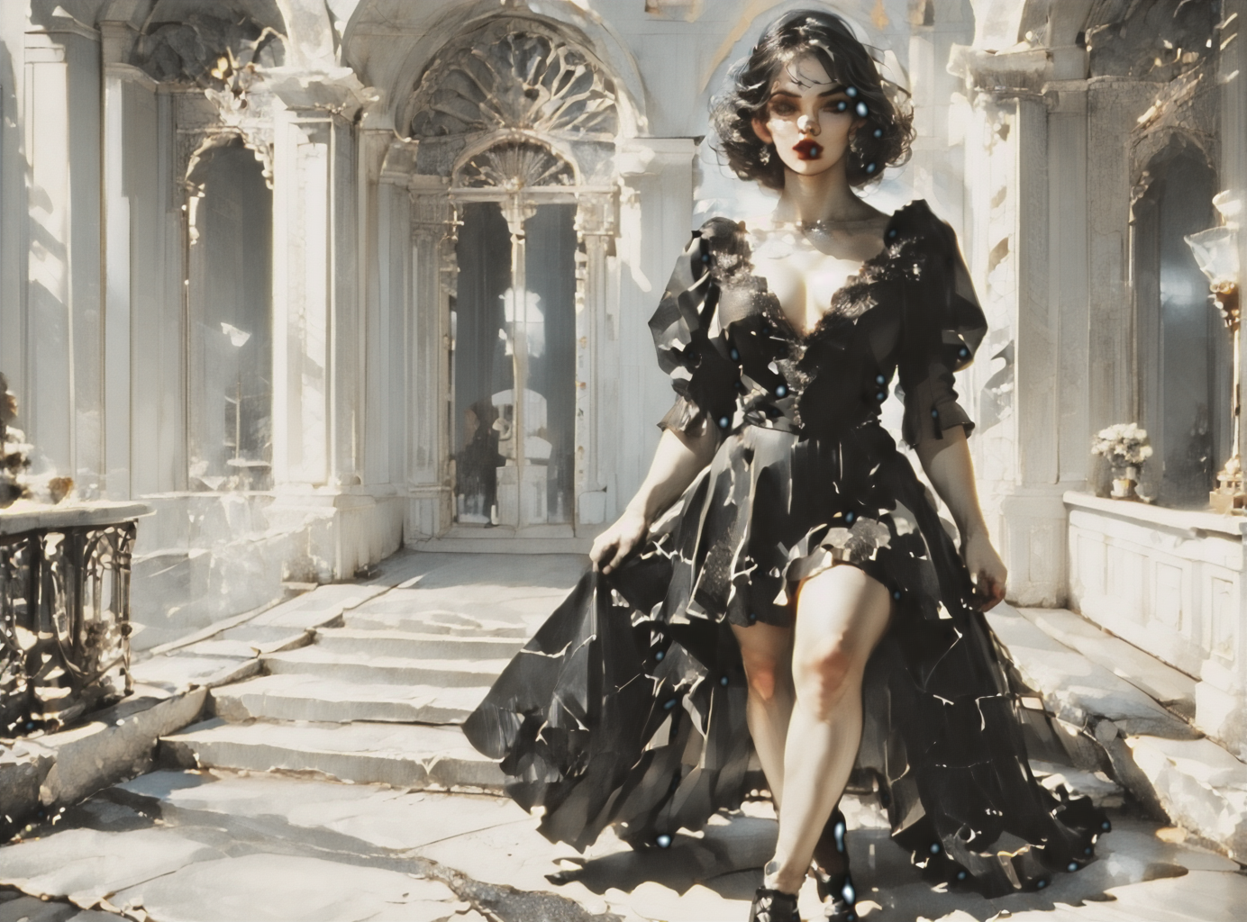 score_9, score_8_up, score_7_up, setting focus, character in foreground, establishing shot, woman, pale skin, huge breasts, <lora:sm0k3XLP:1>, <lora:goth_clothes:1>, goth dress, gothic, black dress, detailed dress, black high heeled shoes, Black hair, white highlights, <lora:art_deco_v4_pony:1>, <lora:Dark_Retro_Scifi_Aesthetic:1>,