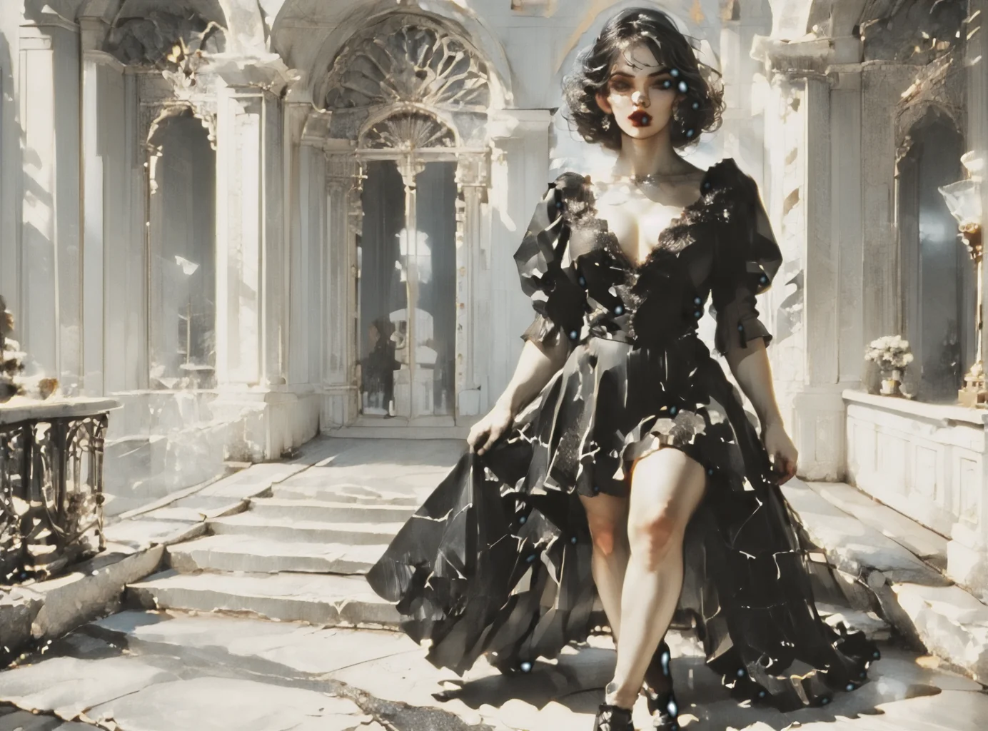 score_9, score_8_up, score_7_up, setting focus, character in foreground, establishing shot, woman, pale skin, huge breasts, <lora:sm0k3XLP:1>, <lora:goth_clothes:1>, goth dress, gothic, black dress, detailed dress, black high heeled shoes, Black hair, white highlights, <lora:art_deco_v4_pony:1>, <lora:Dark_Retro_Scifi_Aesthetic:1>,