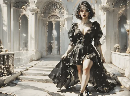 score_9, score_8_up, score_7_up, setting focus, character in foreground, establishing shot, woman, pale skin, huge breasts, <lora:sm0k3XLP:1>, <lora:goth_clothes:1>, goth dress, gothic, black dress, detailed dress, black high heeled shoes, Black hair, white highlights, <lora:art_deco_v4_pony:1>, <lora:Dark_Retro_Scifi_Aesthetic:1>,