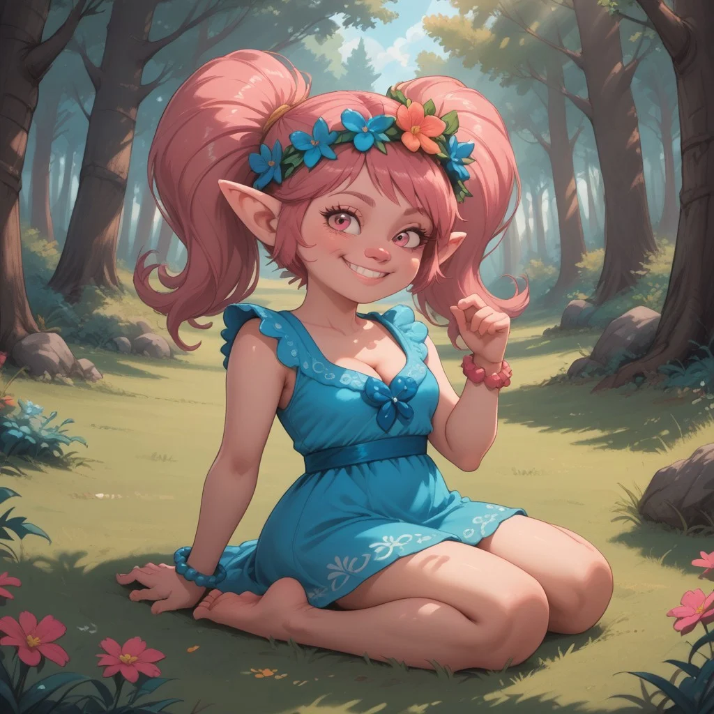 score_9, score_8, BREAK, solo, cleavage, Poppy_(\Trolls\), pink skin, pink hair, pink nose, ponytail, pink eyes, pointy ears, bracelet, hair flower, head wreath, cyan dress, barefoot, sexy pose, smile, outdoors, sunlight, shadows, evening lighting, natural lighting, forest, trees, grass, orange sky, sunset, sitting, soles
