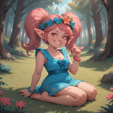 score_9, score_8, BREAK, solo, cleavage, Poppy_(\Trolls\), pink skin, pink hair, pink nose, ponytail, pink eyes, pointy ears, bracelet, hair flower, head wreath, cyan dress, barefoot, sexy pose, smile, outdoors, sunlight, shadows, evening lighting, natural lighting, forest, trees, grass, orange sky, sunset, sitting, soles