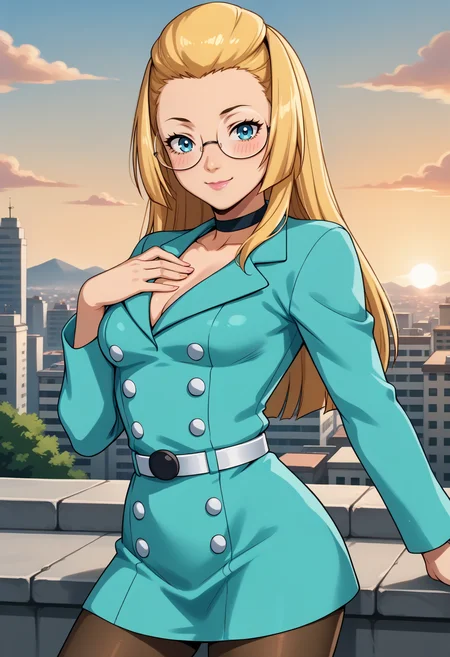 score_9, score_7_up, source_anime, 1girl, cowboy shot, looking at viewer, smile, blush, hand on own chest, closed mouth, <lora:SilviaVJ-pdxl:1> silvia, blonde hair, long hair, glasses, round eyewear, blue eyes, lipstick, pink lips, choker, aqua jacket, medium breasts, long sleeves, white belt, aqua skirt, pantyhose, sunset, rooftop