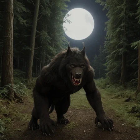 score 9, score 8, score 7, score 6, 1boy, furry male, solo, black fur, animal ears, yellow eyes, sharp teeth, claws, werewolf on down on all paws with tail in the air, wagging tail, trying to look friendly, forest