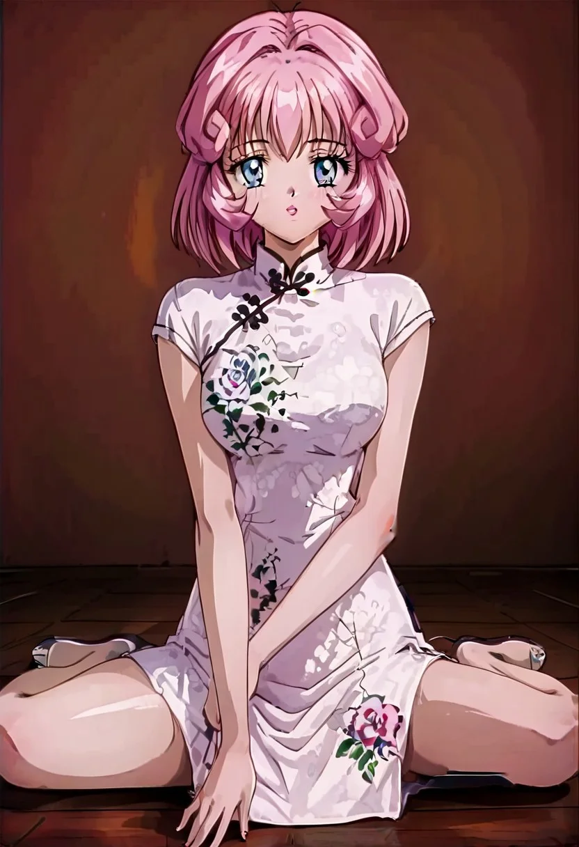 image with excellent quality, very detailed image, 1 girl, alone, blue eyes, detailed pupils, cute face, pink hair, medium hair, bangs, medium breasts, (Chinese dress, shiny clothes, satin clothes, white dress, Chinese clothes, floral print, red AND black print), open legs, wariza, w sitting, on the floor, wooden floor, indoors, living room background, flowers