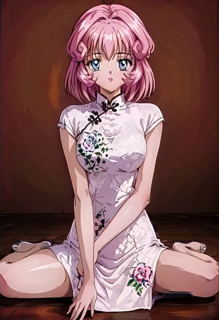 image with excellent quality, very detailed image, 1 girl, alone, blue eyes, detailed pupils, cute face, pink hair, medium hair, bangs, medium breasts, (Chinese dress, shiny clothes, satin clothes, white dress, Chinese clothes, floral print, red AND black print), open legs, wariza, w sitting, on the floor, wooden floor, indoors, living room background, flowers