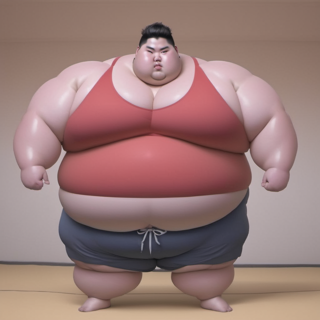 <lora:runga_8.1:0.75>thick arms, fat japanese young man, obese, superchub, male focus, fattest, fat,(red tank top:3.0)