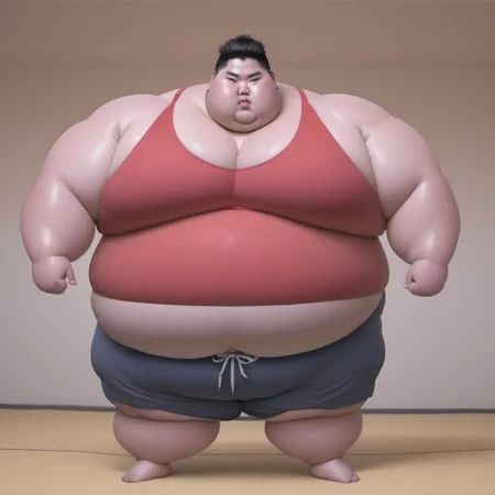 <lora:runga_8.1:0.75>thick arms, fat japanese young man, obese, superchub, male focus, fattest, fat,(red tank top:3.0)