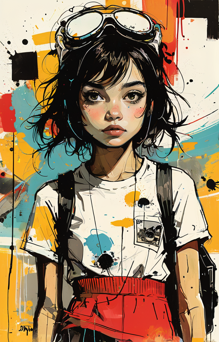 masterpiece,best quality,<lora:tbh333-sdxl:0.6>,illustration,style of Jim Mahfood tech genius teenage girl