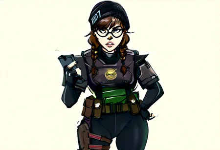 score_9, score_8_up, score_7_up, score_6_up, score_5_up, score_4_up,high details, perfect face,
KaraHitsuPXL,1girl, brown hair, long hair, bangs,black eyes, buck teeth,teeth,parted lips
gloves,hat,black eyes,glasses,black gloves,fingerless gloves,lips,twin braids,black headwear,bodysuit,skin tight,black-framed eyewear,pouch,round eyewear,black bodysuit,beanie,holster,tactical clothes
sketch, photo, desk, light, profv, holding gun,
yoji_shinkawa style, colored sketch, BlackWhiplash Style, 18dart3