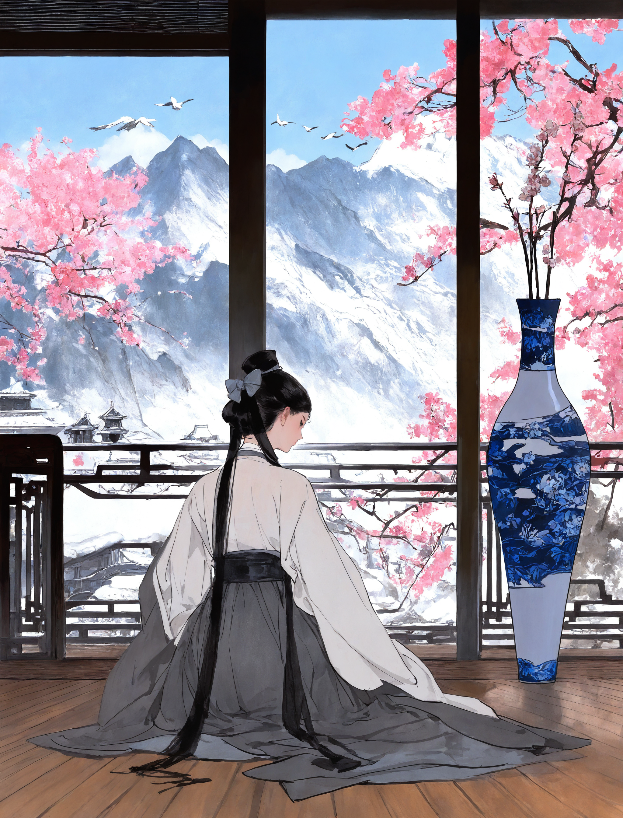1girl, solo, long hair, looking at viewer, black hair, long sleeves, dress, bow, standing, flower, hair bow, sky, day, indoors, wide sleeves, from behind, tree, bird, chinese clothes, cherry blossoms, scenery, snow, wooden floor, mountain, branch, facing away, architecture, east asian architecture, vase, hanfu, sitting, 
traditional media,
<lora:freehandink_NOOB1.0_V-PRED:1>
masterpiece, best quality, newest, absurdres, highres