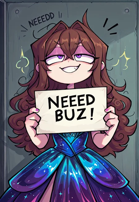 masterpiece, best quality, amazing quality, solo, 1boy, big eyes, wavy hair, sidelocks, hair intakes, crossed bangs, (fluffy hair), voluminous hair, wavy centerparted, wavy bangs, long brown hair, purple eyes, ((long hair)), sanpaku, sanpaku eyes, (artist: asanagi:0.6), smug grin, (((male))), short body,  iridescent royal dress, dominant, trap, androgynous, BoyfriendFNF, valbun, loggusdoggus, buzz, (need_buzz, holding sign, holding sign ), sign with text "need buzz for unholy things",
