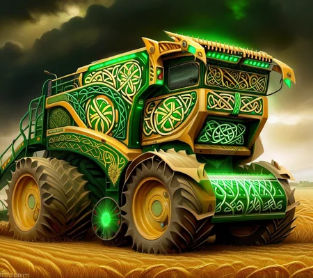 <lora:CulturePunkAI_2:.9>CeltPunkAI combine harvester Highly detailed, amazing, Impressive lighting, vibrant colors, Ultra Realistic, High quality, Highly detailed, trending on artstation