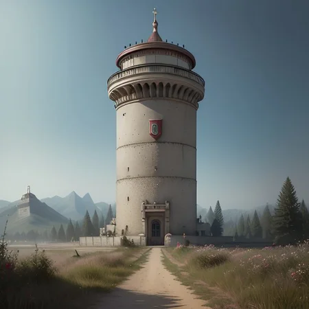 realistic analog photo, award winning photo, vary wide shot of (authoritarian) Cement:1.3 witow (Military watchtower):1.3, fort, building, scenery, dirt path, (on a hilltop), nature, outdoors, RAW, highres, 8k, uhd, High Dynamic Range, tonemapping, crisp details,