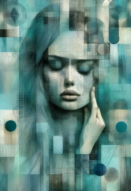 Abstract digital painting of a sad woman, her face is surrounded by diagnal cross hatching patterns of geometric objects, circles, square, and other intricate patterns and lines, blue palette