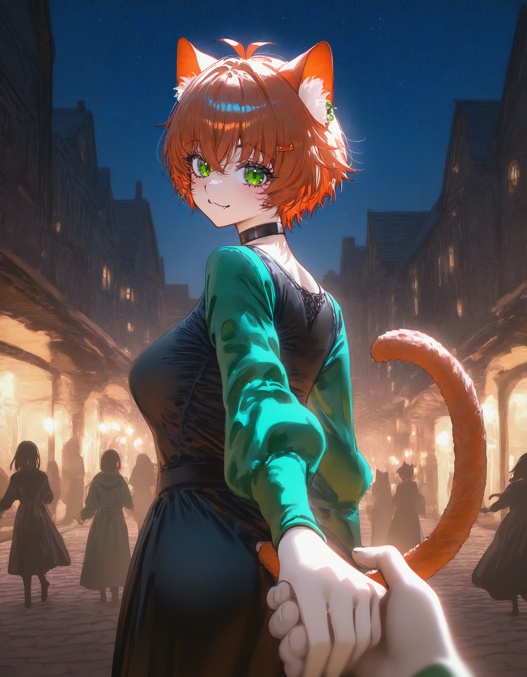 1girl, aoi nagisa \(metalder\), ningen mame, (nixeu:0.8), (yoneyama mai:0.8), from behind, holding hands, pov hands, medieval, european architecture, street, outdoors, night, dark, dim lighting, starry sky, short hair, orange hair, green eyes, ahoge, hairclip, earrings, medium breasts, cat ears, cat tail, orange tail,black dress, green sleeves, casual, black choker, looking at viewer, looking back, light blush, narrowed eyes, :3, fang, masterpiece, best quality, newest, absurdres, highres, very awa,<lora:illustrious/character/ARankParty(Aparida)_NeneShifindle_IlluXL.safetensors:1.0>,