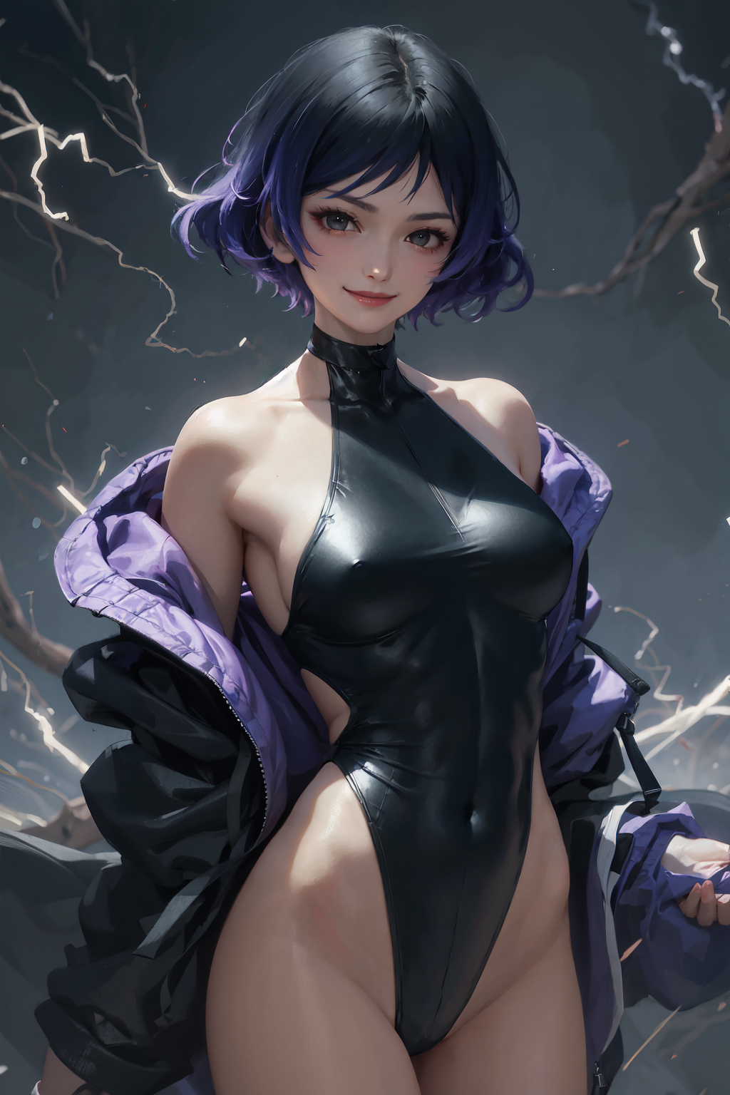 best quality, masterpiece, 1girl, solo, cowboy shot, looking at viewer, reina, multicolored hair, smile, (v-shaped eyebrows:0.9), purple jacket, black sukebei leotard, bare legs, lightning effect, fantasy, <lora:tekkenreina-nvwls-v2:0.75>, <lora:sukebei leotard-000059:0.9>, 