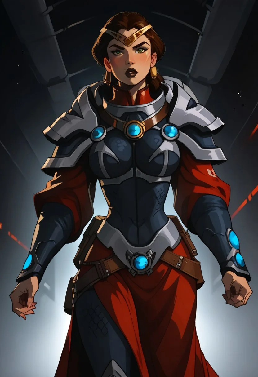 Marlena_BA, battle armor, unique angle, unique perspective, dramatic angle, a girl, long hair, ponytail, brown hair, glowing green pupils eyes, black lips, big breasts, wide hips, rings, mascara, dynamic action pose, indoor, in space ship, in hangar. all dark, scenery, cinematic lighting, volumetric lighting
BREAK
score_9, score_8_up, score_7_up, rating_explicit