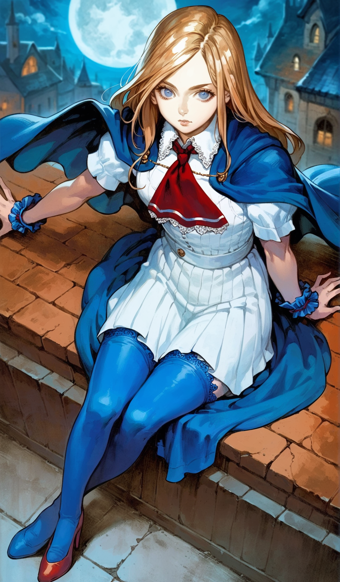 score_9,score_8_up,score_7_up,
highres,highly detailed,
<lora:CharlotteAulin:1>,
charlotteaulin,
1girl,solo,
brown hair,long hair,
blue eyes,looking at viewer,
blue cape with white lace trim,white thigh length dress,white lace trim collar,red tie with white lace trim,short puffed sleeves,blue wrist cuffs,(blue wrap skirt:1.2),
blue lace thigh socks,red heels,
full body,from above,sitting,from rooftop,overlook,
blurry background,vignetting,outdoors,castle,(night:1.2),dark,full moon,dark,light particles,cloudy,rainy days,