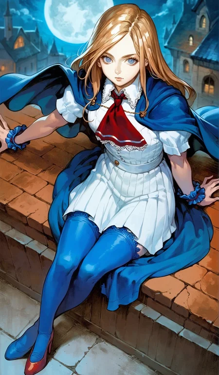 score_9,score_8_up,score_7_up,
highres,highly detailed,
<lora:CharlotteAulin:1>,
charlotteaulin,
1girl,solo,
brown hair,long hair,
blue eyes,looking at viewer,
blue cape with white lace trim,white thigh length dress,white lace trim collar,red tie with white lace trim,short puffed sleeves,blue wrist cuffs,(blue wrap skirt:1.2),
blue lace thigh socks,red heels,
full body,from above,sitting,from rooftop,overlook,
blurry background,vignetting,outdoors,castle,(night:1.2),dark,full moon,dark,light particles,cloudy,rainy days,