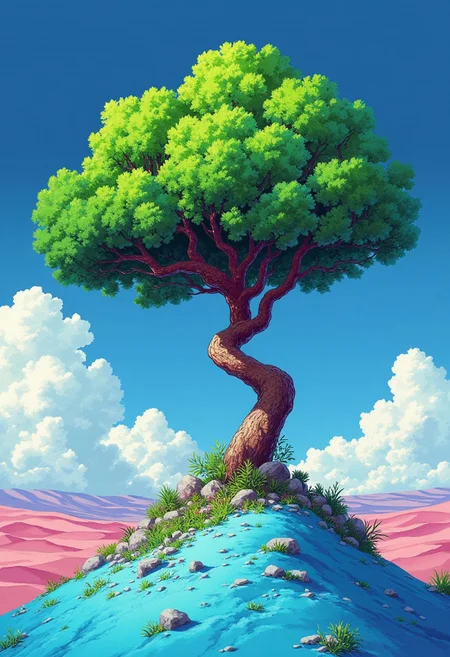 midjourney art
A surreal landscape with a lonely tree on top of a small hill.((hight detalisation tree)) A tree with a dense crown of bright green color, with red branches, grows on blue sand. There are a few rocks and small bushes around, and in the background you can see pink sand dunes that create a sense of calm, fantastic nature. The sky is dark blue, with ((beautiful vitage white clouds)), which adds depth and contrast to the picture.