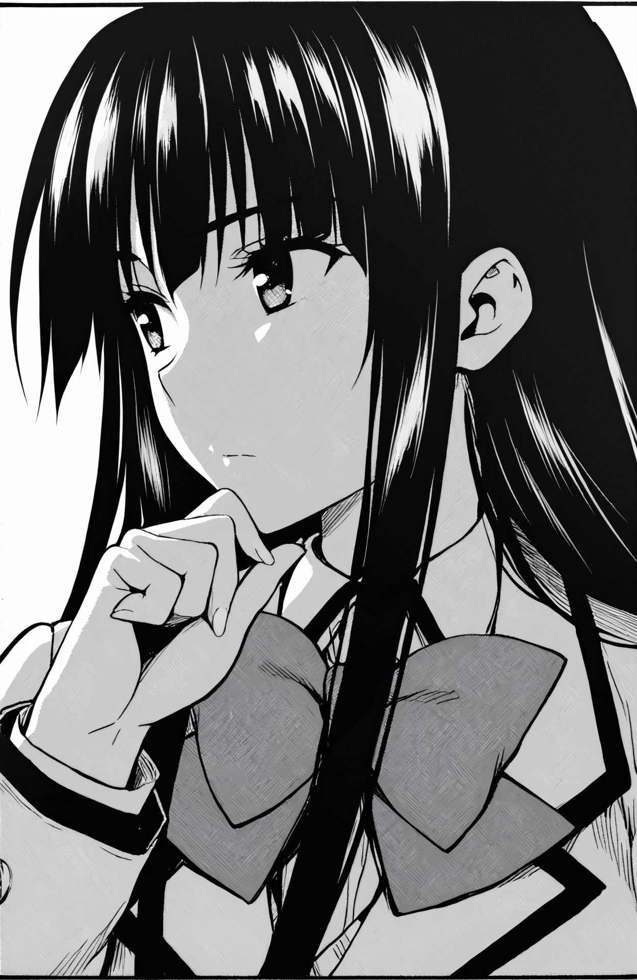 <lora:ãILXLãSerika-000010:1>,(looking to the side:1.1),
1girl,greyscale,monochrome,solo,long hair,thinking,expressionless,school uniform,bow,portrait,
masterpiece,