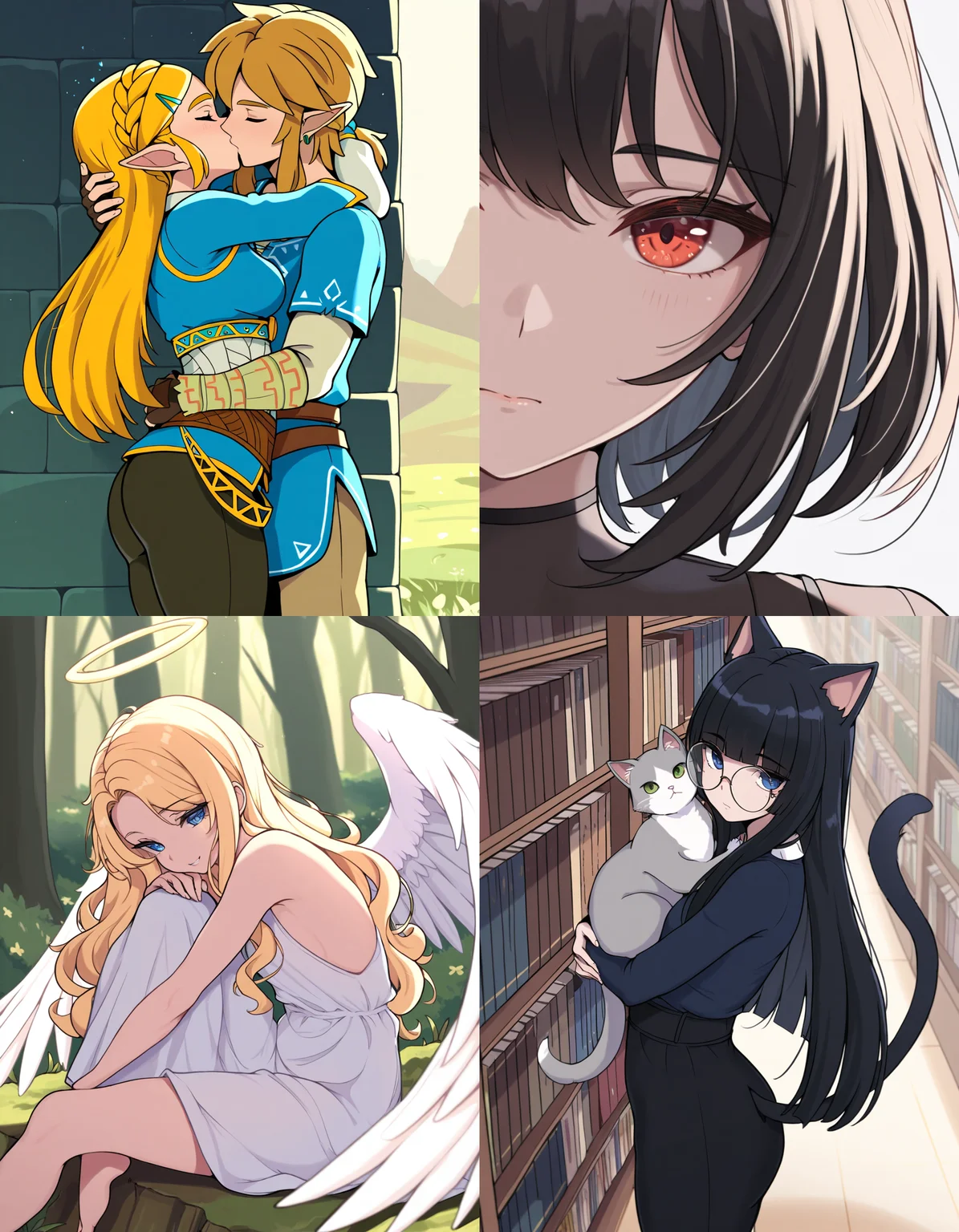 https://civitai.com/articles/8642 __ 1st image: masterpiece, best quality, 1girl, 1boy, princess zelda, the legend of zelda: breath of the wild, standing, kiss, hug, closed eyes, outdoors __ 2nd image: masterpiece, best quality, 1girl, face, portrait, looking at viewer, closed mouth __ 3rd image: masterpiece, best quality, 1girl, solo, blonde hair, wavy hair, angel, angel wings, halo, smile, sitting, forest, white dress __ 4th Image: masterpiece, best quality, 1girl, solo, long hair, black hair, blunt bangs, straight hair, round eyewear, cat girl, cat ears, cat tail, standing, hug, cat, looking at viewer, library