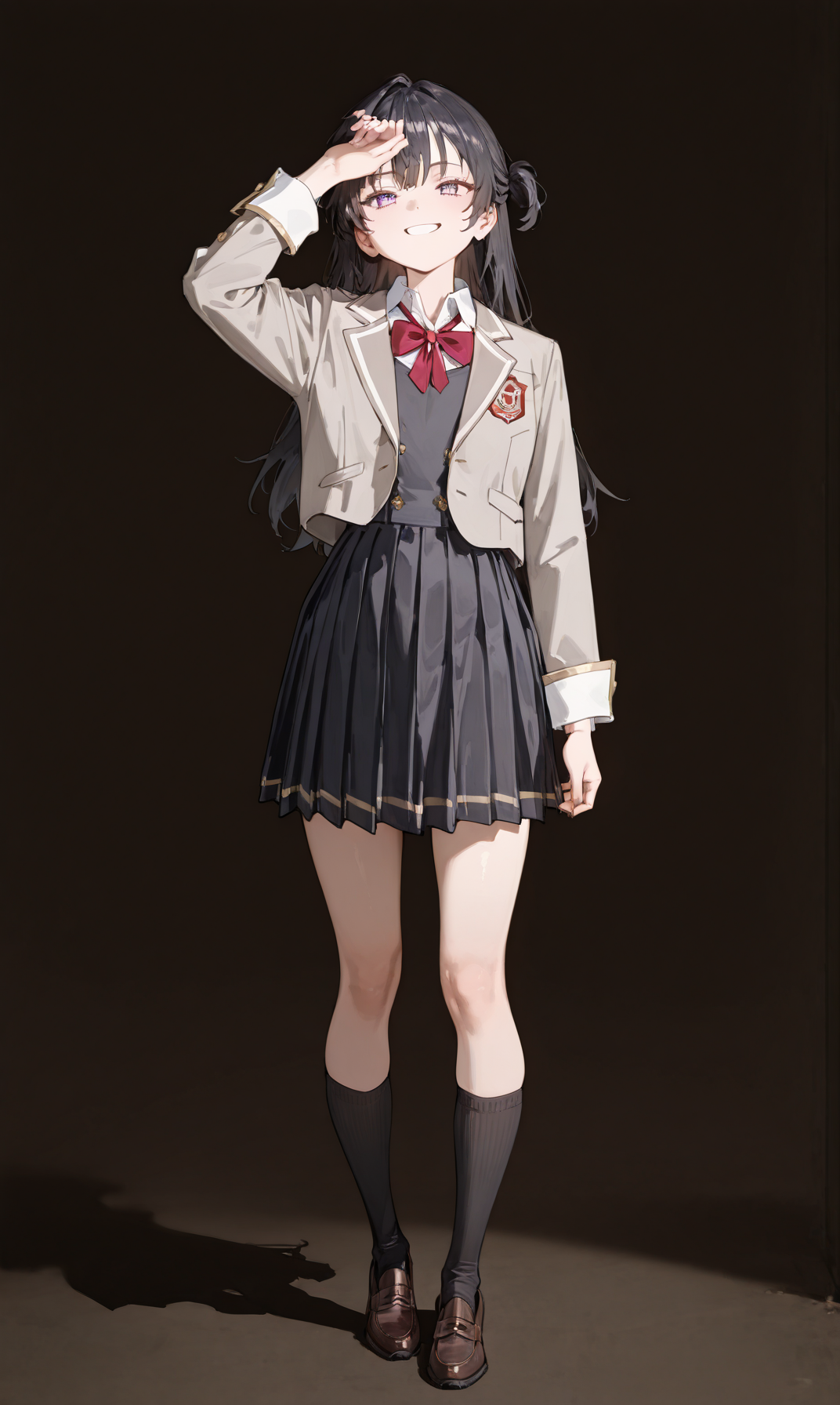 perfect quality,high quality,masterpiece,best quality,amazing quality,very aesthetic,absurdres,Cinematic Lighting,newest,Tactical use of shadow,
front view,full_shot,Raised cheeks with closed eyes (smiling with joy),
YukiSuou Cyql,1girl,solo,long hair,bangs,black hair,purple eyes,school uniform,jacket,grey jacket,bowtie,red bow,long sleeves,pleated dress,pleated skirt,skirt,kneehighs,black socks,loafers,brown footwear,
full body,standing,hand on own forehead,
chocolate background,simple background,
<lora:YukiSuou_Illustrious by Cyql:0.9>,<lora:spo_sdxl_10ep_4k-data_lora_webui:0.5>,<lora:EtherSDXL:0.6>,EtherStyle,<lora:illustrious_quality_modifiers_masterpieces_v1:0.7>,