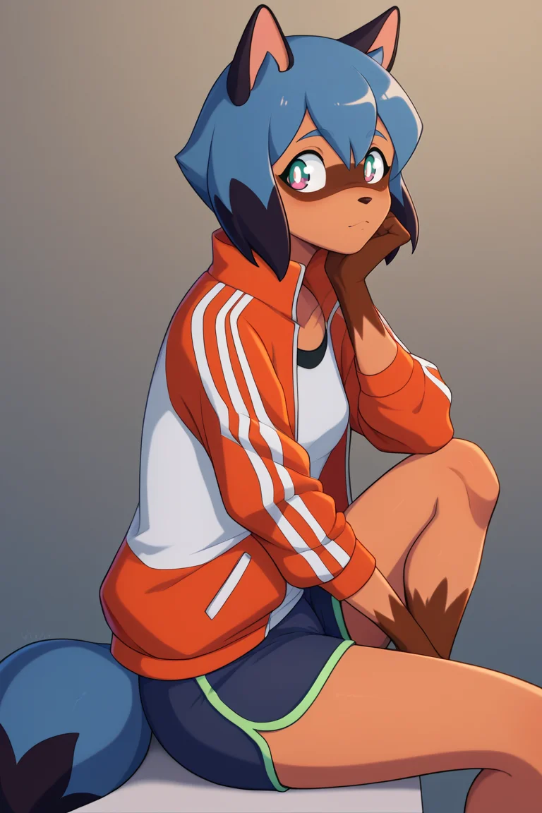 score_9, score_8_up, score_7_up, BREAK <lora:kadath-guy-PONYv1:1>, 1girl, solo, kagemori michiru, furry, sitting, jacket, dolphin shorts,