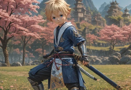 LalaTater, Lalafell, 1boy, chibi samurai armor, blue eyes, blonde hair, short hair, hair between eyes, looking at viewer, iaidou, weapon, katana, holding sword, ready to draw, sheathed, unsheathing, scabbard, iaidou stance, male focus, outdoors, sky, cherry blossoms, BREAK PonyXLV6_Scores,