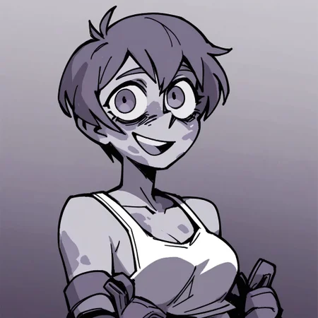 score_9, score_8_up, score_7_up, UsterkaAwaria, purple theme, short hair, dirty face, oil stains, 1girl, solo, smile, short hair, open mouth, gradient, upper body, gradient background, looking at viewer, medium breasts, monochrome, purple eyes, dull colors, gloves, tank top, no sleeves, toned body,