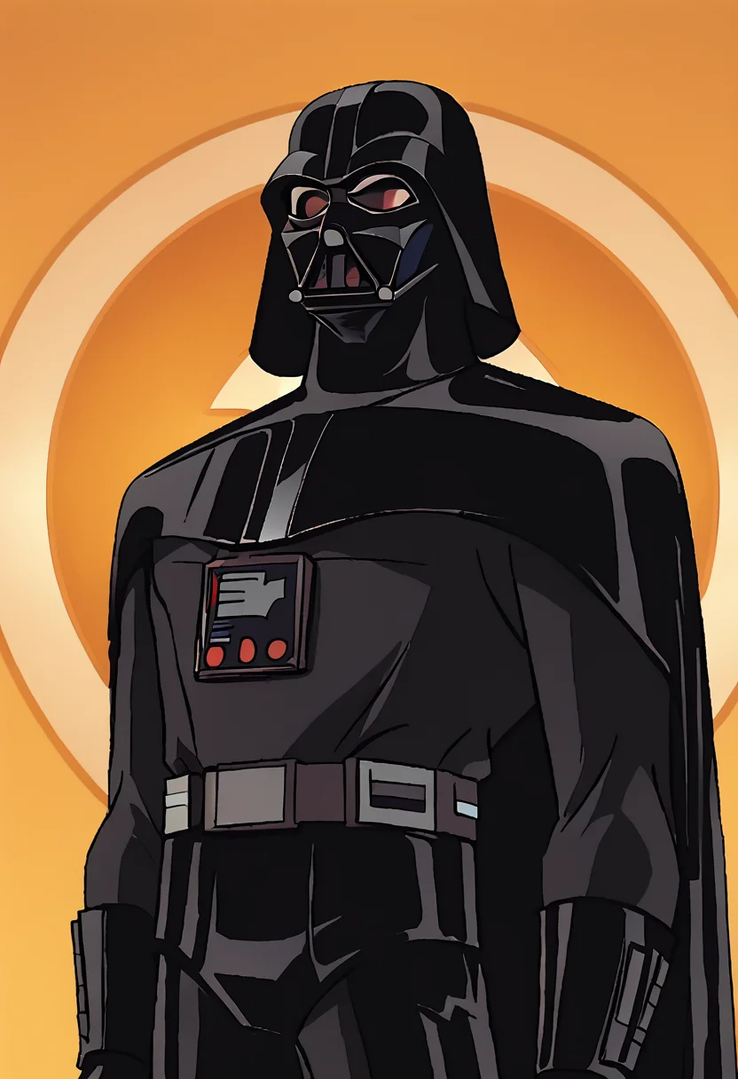 <lora:darth-vader-pxl:0.8> darth-vader-pxl, solo, darth vader, Amber background, hand_on_hip, portrait, <lora:dcau-330:1> dcaustyle, score_9, score_8_up, score_7_up, score_6_up, score_5_up, score_4_up
